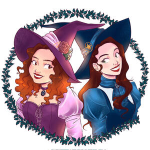 Dibujo digital de nosotras vestidas como brujitas. Lau (a la derecha) de azul y Shei (a la izquierda) de lila.
